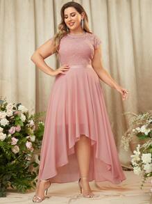 MIUSOL Đầm Plus Size Bất đối xứng Tương phản ren màu trơn Hấp dẫn - Màu Hồng baby - Xem 4