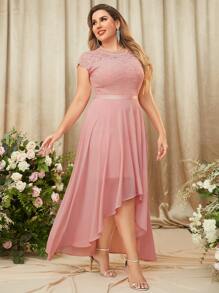 MIUSOL Đầm Plus Size Bất đối xứng Tương phản ren màu trơn Hấp dẫn - Màu Hồng baby - Xem 5