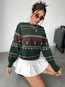 SHEIN Essnce Argyle & Floral Pattern Lantern Sleeve Jumper - Dark Green - View 4