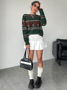 SHEIN Essnce Argyle & Floral Pattern Lantern Sleeve Jumper - Dark Green - View 3