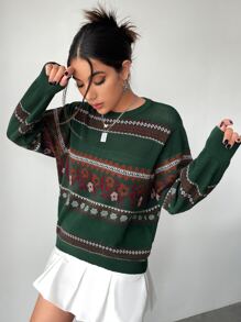 SHEIN Essnce Argyle & Floral Pattern Lantern Sleeve Jumper - Dark Green - View 1