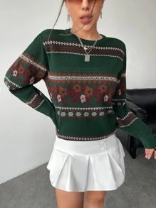 SHEIN Essnce Argyle & Floral Pattern Lantern Sleeve Jumper - Dark Green - View 5