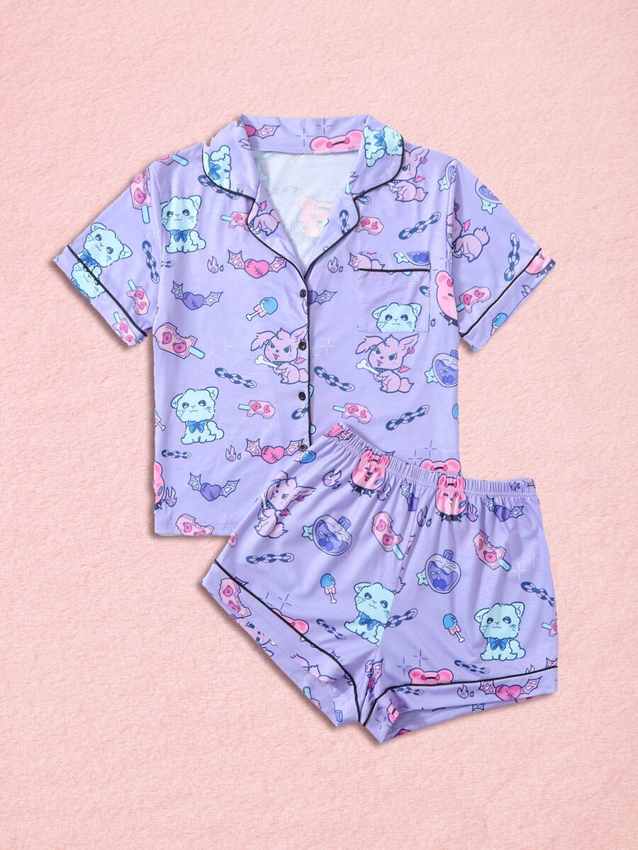 ROMWE Kawaii Sets de Pijamas de Mujer Ribete en contraste Botón delantero Dibujos animados todo estampado Dulce - Morado - Ver 1