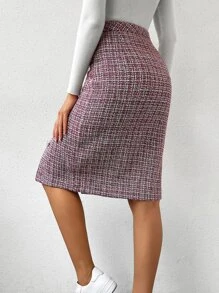 SHEIN Essnce 高腰格紋粗花呢半身裙 - 紅色 - 查看 2