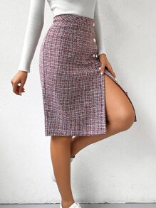 SHEIN Essnce 高腰格紋粗花呢半身裙 - 紅色 - 查看 4