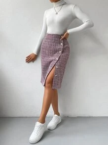 SHEIN Essnce 高腰格紋粗花呢半身裙 - 紅色 - 查看 6