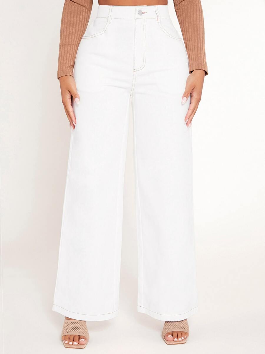 SHEIN PETITE High Waist Wide Leg Trousers - White - View 1