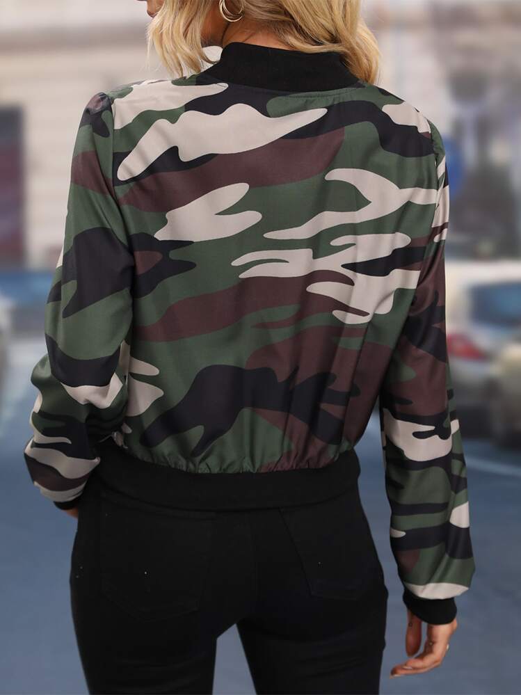 SHEIN LUNE Camo Print Zip Up Bomber Jacket Fall Winter Cloth For Women - Multicolor - View 2