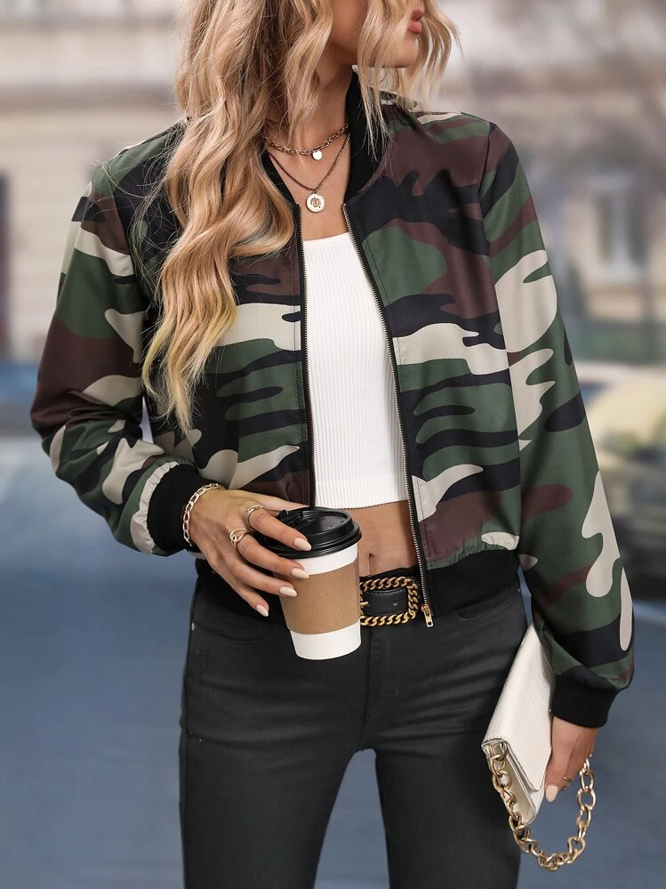 SHEIN LUNE Camo Print Zip Up Bomber Jacket Fall Winter Cloth For Women - Multicolor - View 6