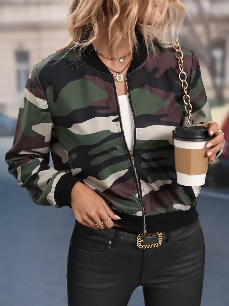 SHEIN LUNE Camo Print Zip Up Bomber Jacket Fall Winter Cloth For Women - Multicolor - View 7