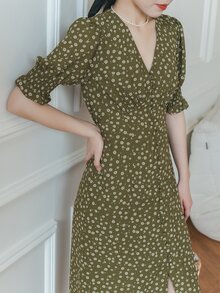 Simple Retro 碎花荷葉袖連衣裙 - 橄欖綠 - 查看 6