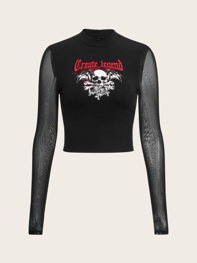 Skull & Letter Graphic Contrast Mesh Tee