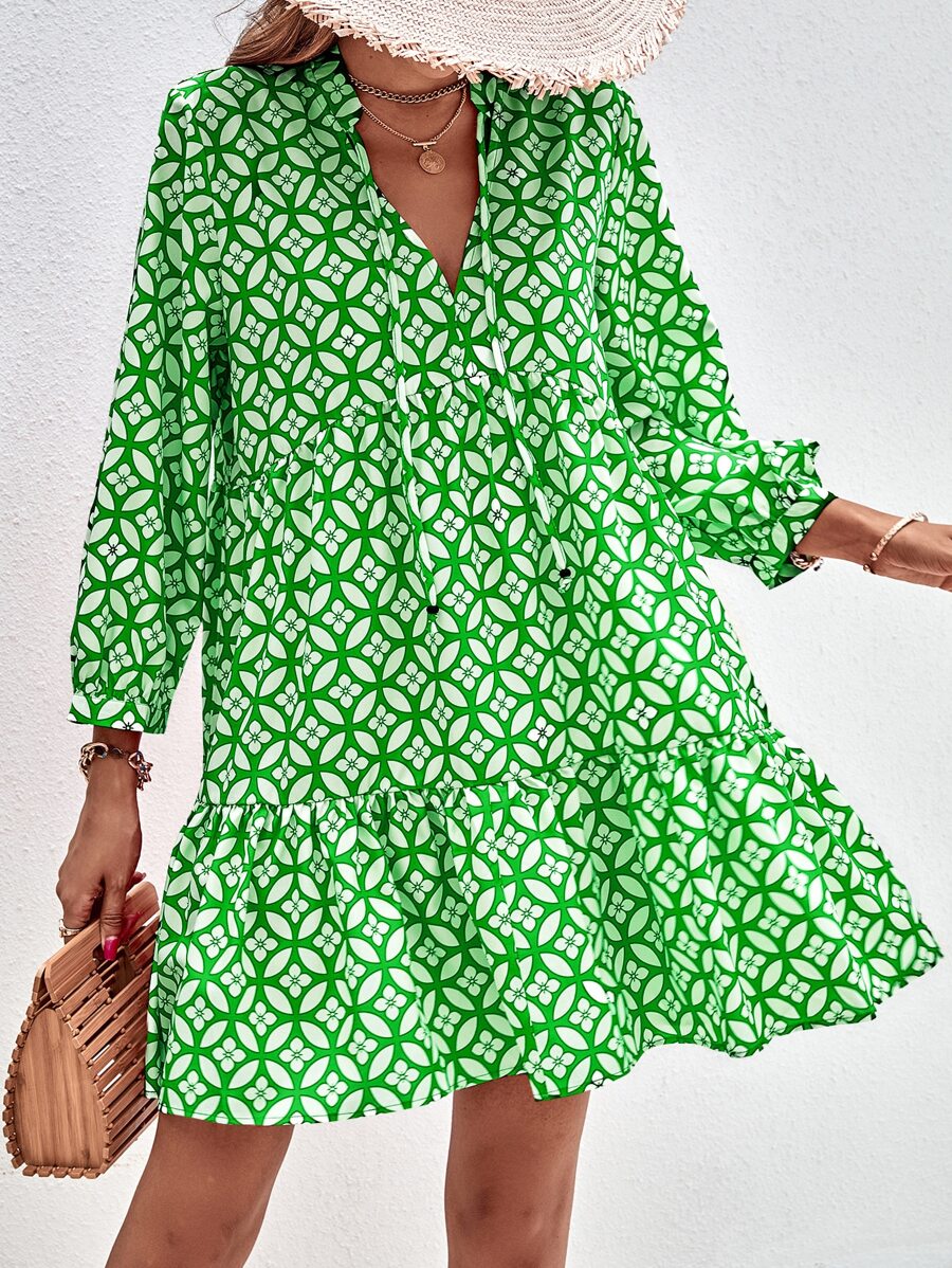 Aveloria Floral Print Tie Neck Smock Dress - Green - View 1