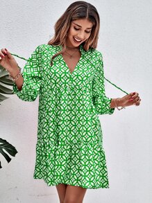 Aveloria Floral Print Tie Neck Smock Dress - Green - View 3