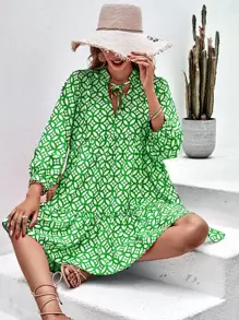 Aveloria Floral Print Tie Neck Smock Dress - Green - View 5