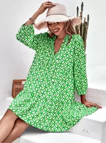 Aveloria Floral Print Tie Neck Smock Dress - Green - View 6