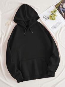 SHEIN EZwear Picture And Slogan Graphic Drawstring Thermal Lined Hoodie - Black - View 2