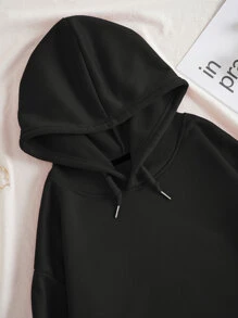 SHEIN EZwear Picture And Slogan Graphic Drawstring Thermal Lined Hoodie - Black - View 4