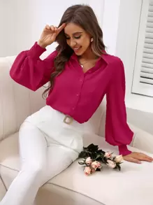 Chiquease 圓點打褶燈籠袖襯衫 - 玫紅色 - 查看 5