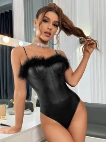 Allurite 毛茸邊緊身上衣PU皮革吊帶連體衣 - 黑色 - 查看 1