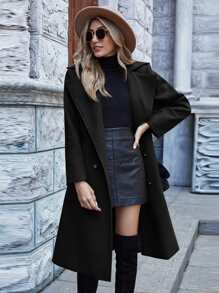 SHEIN Essnce Solid Lapel Collar Double Breasted Overcoat In Fall/Winter - Black - View 1
