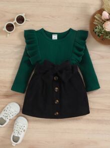 SHEIN Niñas Top tejido de canalé ribete con fruncido & Falda con cinturón - Multicolor - Ver 1