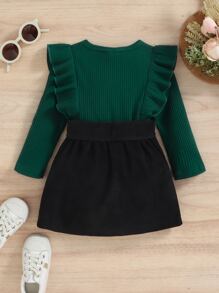 SHEIN Niñas Top tejido de canalé ribete con fruncido & Falda con cinturón - Multicolor - Ver 2