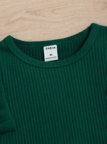 SHEIN Niñas Top tejido de canalé ribete con fruncido & Falda con cinturón - Multicolor - Ver 3