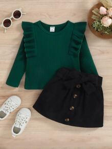 SHEIN Niñas Top tejido de canalé ribete con fruncido & Falda con cinturón - Multicolor - Ver 5