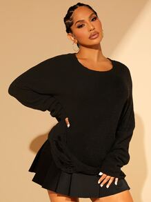 SHEIN SXY Raglan Sleeve Distressed Jumper - Black - View 1