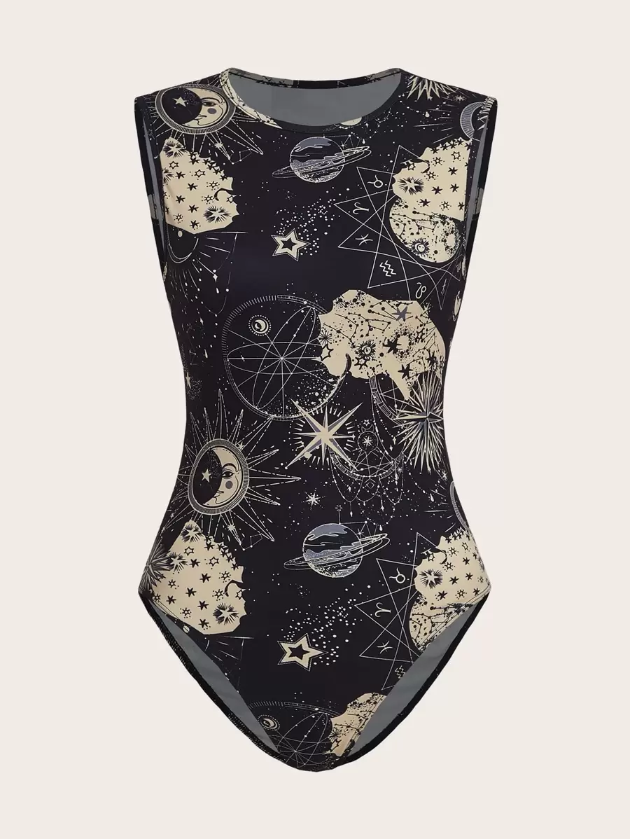 SHEIN EZwear 星空圖案背心連體衣 - 黑色 - 查看 1