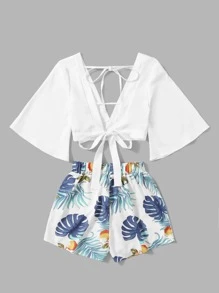 SHEIN VCAY Plunge Self-Tie Top & Tropical Print Shorts Set - Multicolor - View 2