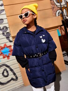 SHEIN Tween 女童心形印花连帽夹棉大衣（无腰带） - 藏蓝色 - 查看 1