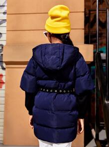 SHEIN Tween 女童心形印花连帽夹棉大衣（无腰带） - 藏蓝色 - 查看 2