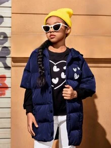 SHEIN Tween 女童心形印花连帽夹棉大衣（无腰带） - 藏蓝色 - 查看 3
