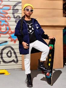 SHEIN Tween 女童心形印花连帽夹棉大衣（无腰带） - 藏蓝色 - 查看 4