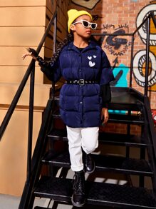 SHEIN Tween 女童心形印花连帽夹棉大衣（无腰带） - 藏蓝色 - 查看 5