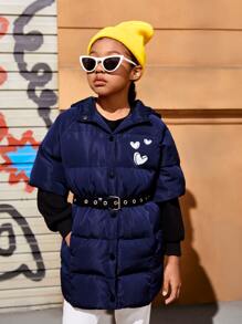 SHEIN Tween 女童心形印花连帽夹棉大衣（无腰带） - 藏蓝色 - 查看 6