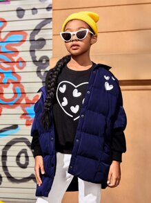 SHEIN Tween 女童心形印花连帽夹棉大衣（无腰带） - 藏蓝色 - 查看 7