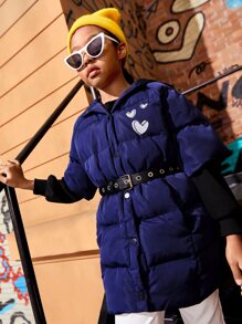 SHEIN Tween 女童心形印花连帽夹棉大衣（无腰带） - 藏蓝色 - 查看 8