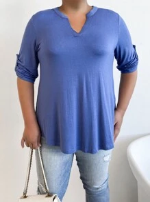 AAmilife Áo thun Plus size Nút màu trơn Giải trí - Màu xanh bụi bặm - Xem 1