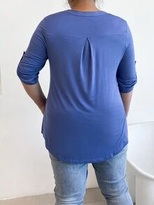 AAmilife Áo thun Plus size Nút màu trơn Giải trí - Màu xanh bụi bặm - Xem 2