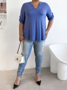 AAmilife Áo thun Plus size Nút màu trơn Giải trí - Màu xanh bụi bặm - Xem 3