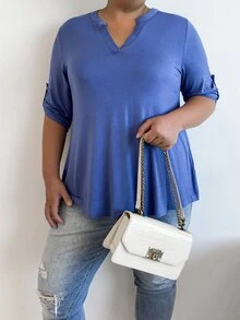 AAmilife Áo thun Plus size Nút màu trơn Giải trí - Màu xanh bụi bặm - Xem 5