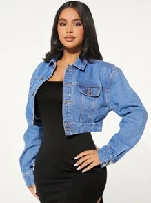 SHEIN SXY Flap Detail Drop Shoulder Denim Jacket - Light Wash - View 6