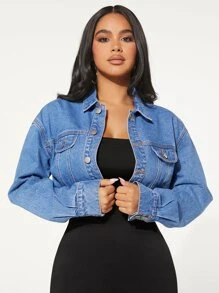 SHEIN SXY Flap Detail Drop Shoulder Denim Jacket - Light Wash - View 2