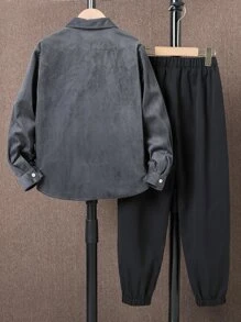 SHEIN 男孩字母貼布翻蓋口袋襯衫和褲子不帶T恤