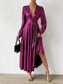 Chiquease 深V領燈籠袖洋裝 - 紫色 - 查看 3