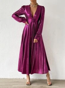 Chiquease 深V領燈籠袖洋裝 - 紫色 - 查看 4