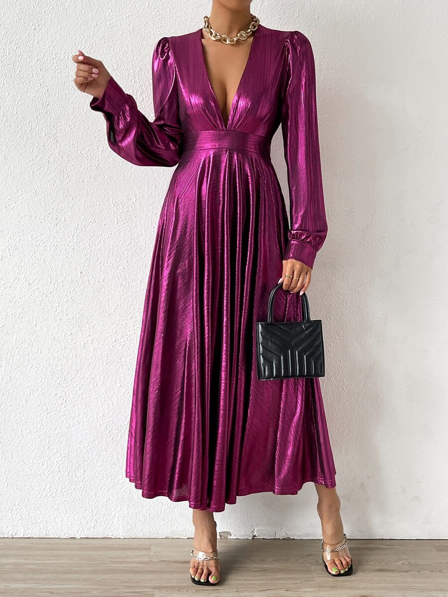 Chiquease 深V領燈籠袖洋裝 - 紫色 - 查看 1